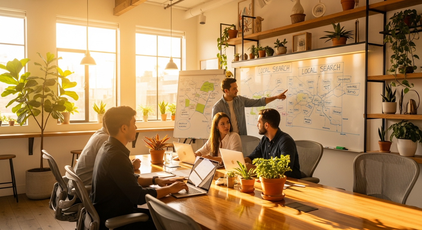 AI_IMAGE: A bright, modern co-working office space with large windows letting in golden California sunlight, a team of three marketing professionals collaborating at a long wooden table with laptops and whiteboards showing local search maps, warm and inviting atmosphere with plants and natural materials | photorealistic | landscape