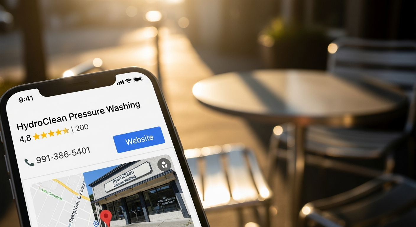 AI_IMAGE: Close-up of a smartphone screen showing a Google Maps local pack result for a pressure washing company, outdoor cafe table in the background bathed in West Coast sunlight | photorealistic | landscape