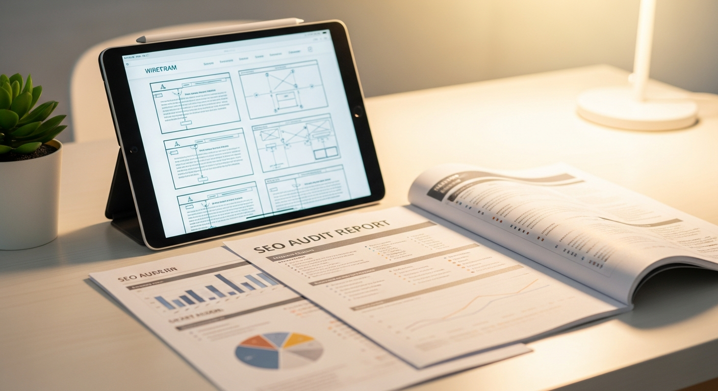 AI_IMAGE: A printed SEO audit report fanned out on a clean desk next to a tablet showing a website wireframe, bright warm office lighting, subtle West Coast aesthetic with a succulent plant in the corner | photorealistic | landscape
